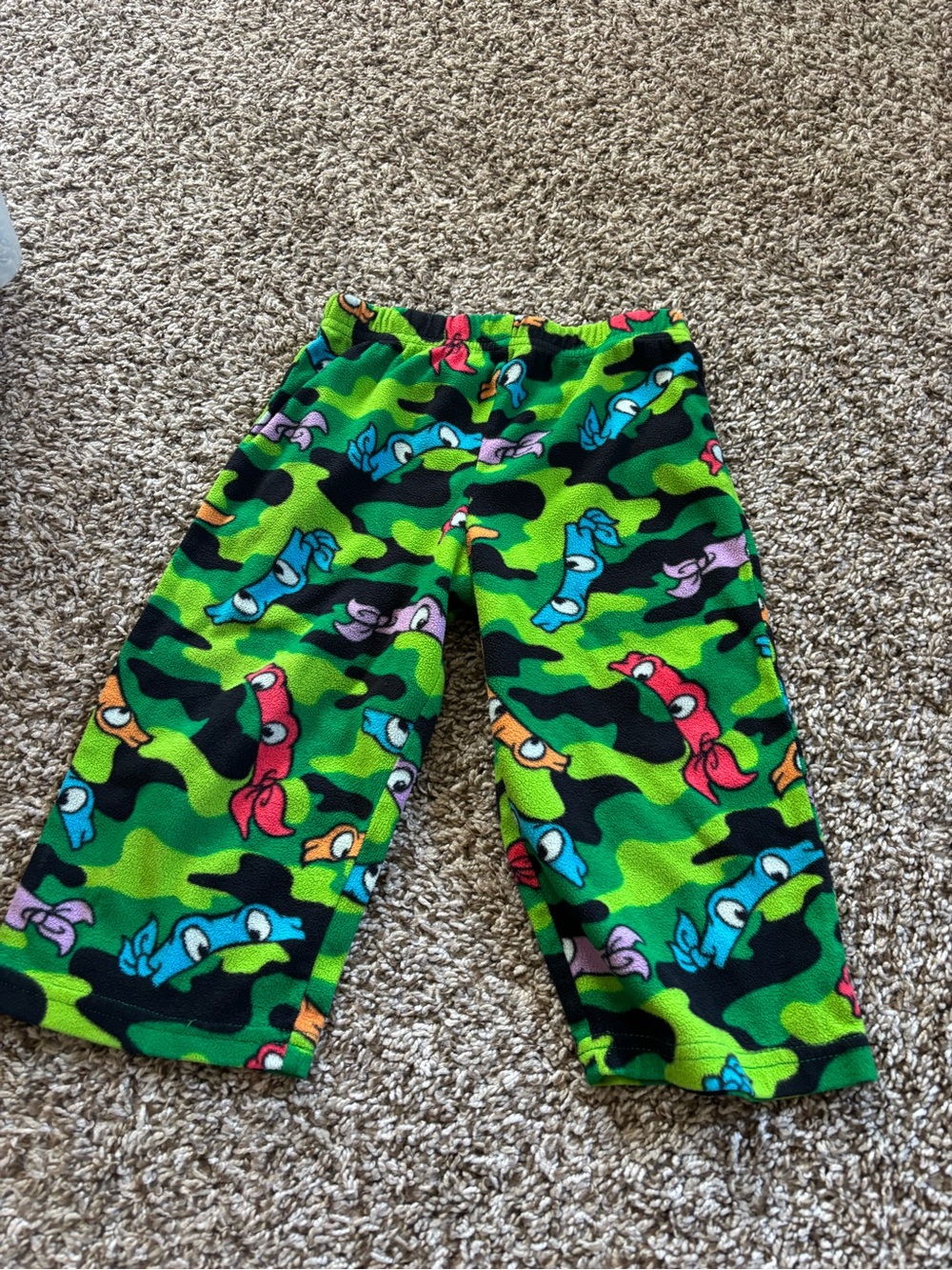 Kids Neon Green Camouflage Fleece Pants with Cartoon Eyes